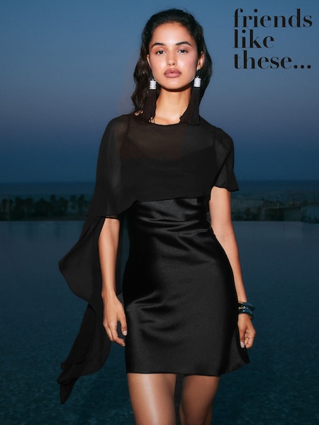 Black - Friends Like These Asymmetric Cape Foil Mini Dress