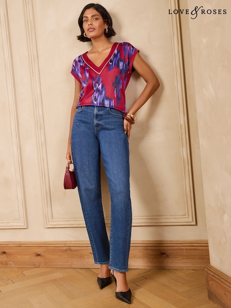 Red Animal Print - Love & Roses V-neck Satin Front Jersey Back T-shirt