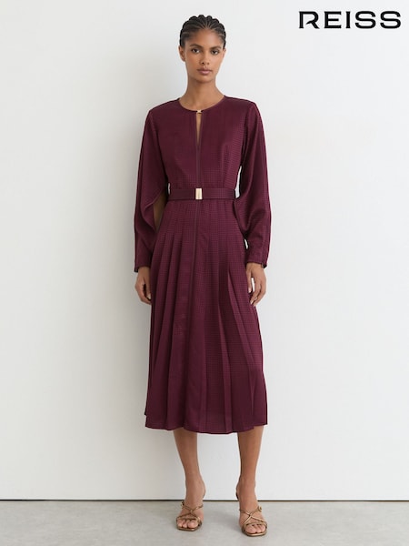 Jagodowo czerwony - Reiss Kea Houndstooth-check Belted Midi Dress