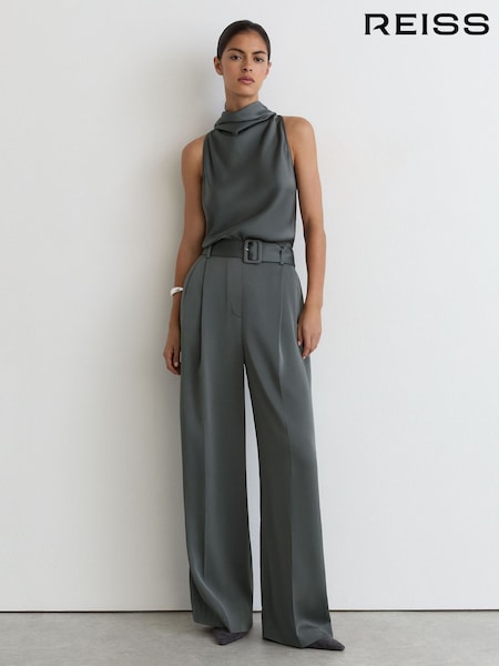 Tamsiai pilka - Reiss Erica Satin Cowl-neck Wide-leg Jumpsuit