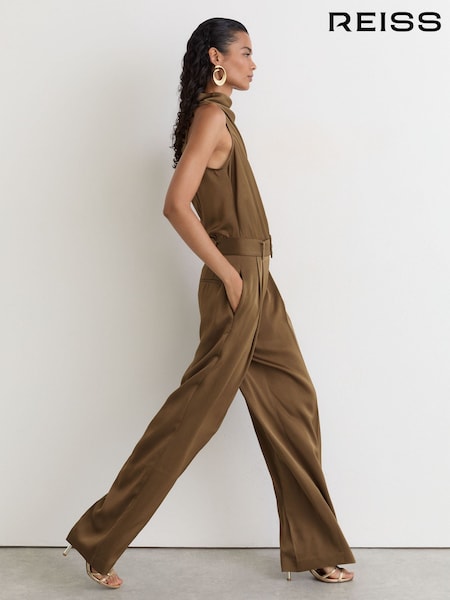 Khaki Zeleno - Reiss Erica Satin Cowl-neck Wide-leg Jumpsuit