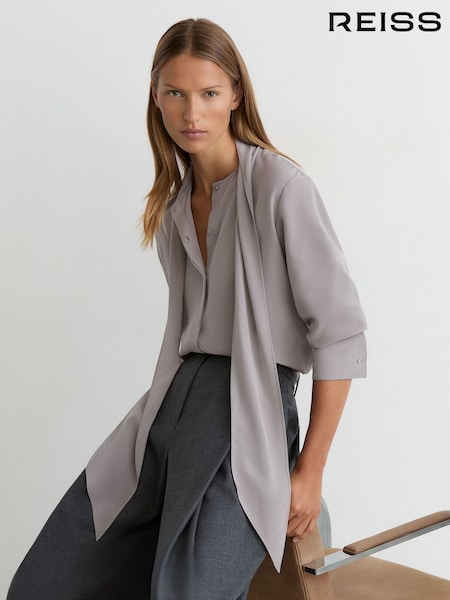 Grey - Reiss Kathlyn Matte-silk Tie-neck Blouse