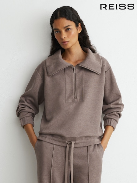 Fawn Brown - Reiss Layla Lyocell-wool Half-zip Sweatshirt