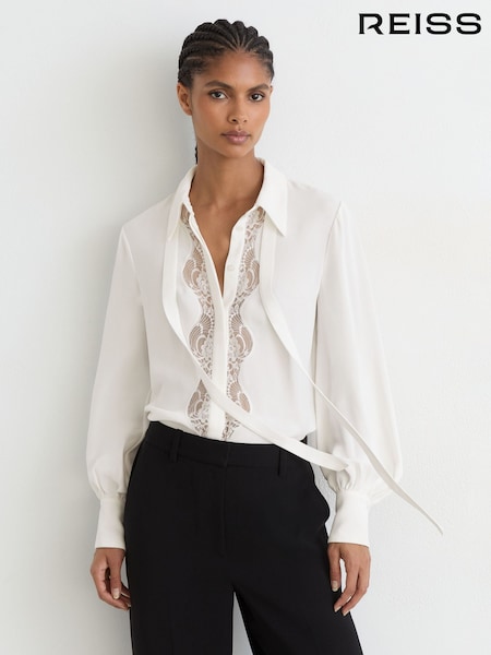 Ivory - Reiss Estelle Lace-trim Tie-neck Blouson Shirt