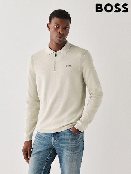 Cream - Long Sleeve Boss Regular Fit Ever Zip Neck Polo Shirt