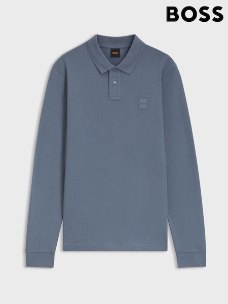 Blue - Regular Boss Passerby Box Logo Long Sleeve Polo Shirt