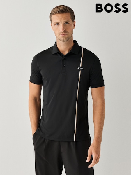 Negru - Regular Boss Logo Stripe Detail Tech Golf Polo Shirt