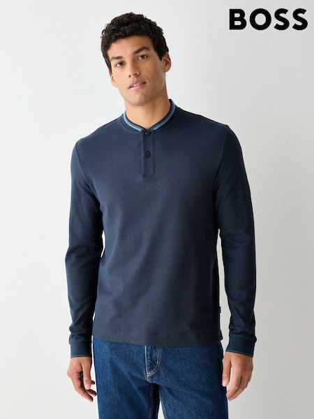 Blue - Regular Boss Plyer Henley Long Sleeve T-shirt