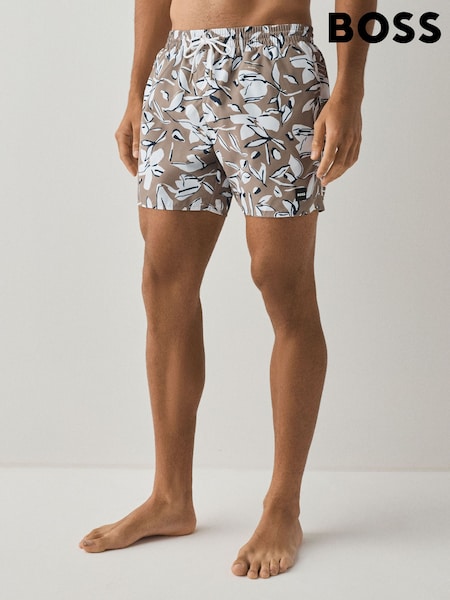 Brown - Regular Boss Piranha Printed Swim Shorts