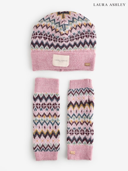 Pink Fairisle - Laura Ashley Knitted Beanie And Handwarmer Set