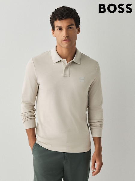 Natural - Regular Boss Passerby Box Logo Long Sleeve Polo Shirt