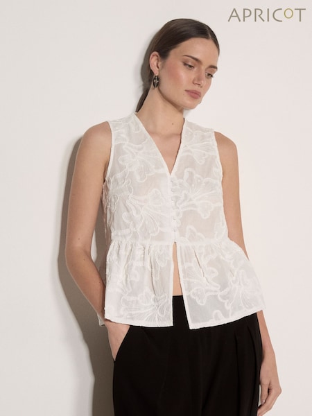 Vit - Apricot blommig peplumtopp med broderi