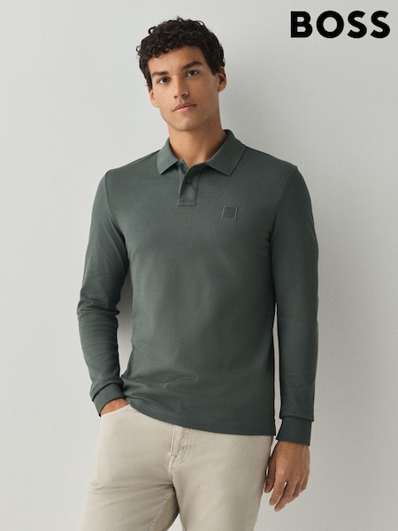 أخضر - Regular Boss Passerby Box Logo Long Sleeve Polo Shirt