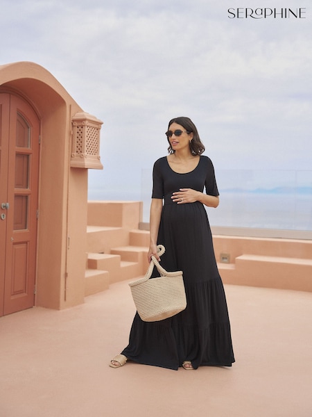 Black - Seraphine Maternity Tiered Midi Dress With Nursing