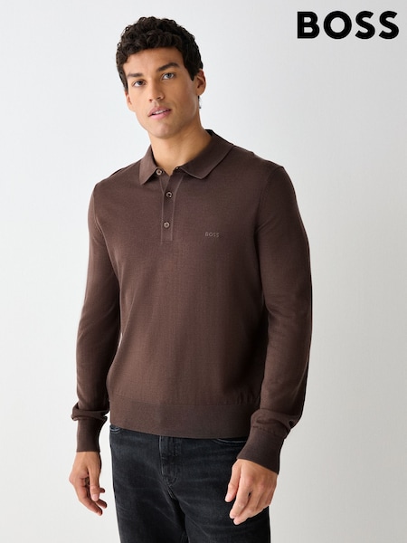 חום - Regular Boss Lancione Logo Knitted Polo Shirt