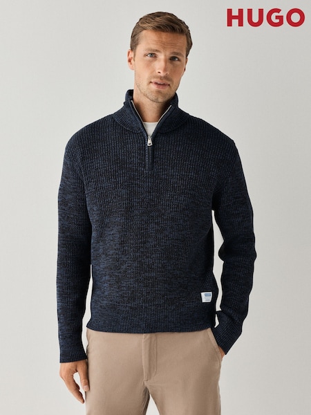 Navy - Regular Hugo Quarter Zip Logo Patch Jumper
