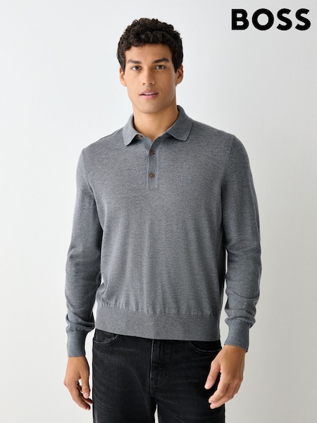 Grey - Regular Boss Lancione Logo Knitted Polo Shirt