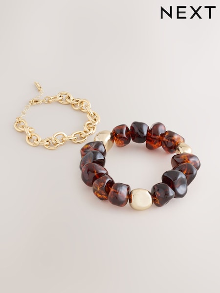 Brown - Beaded Chain Bracelets 2 Pack