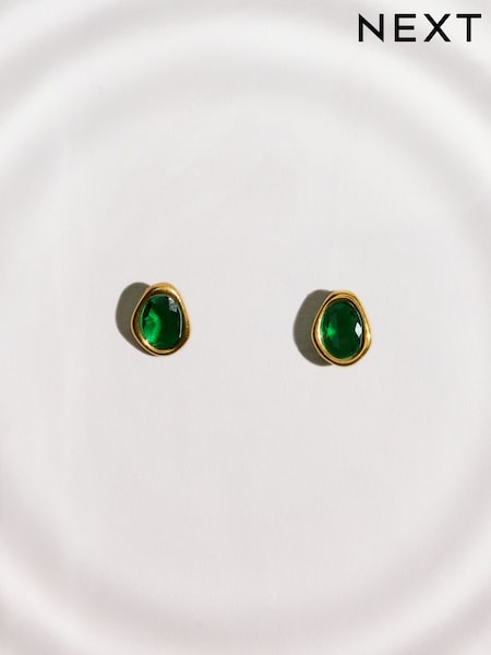 Gold Tone - Waterproof Stainless Steel Green Stone Stud Earrings