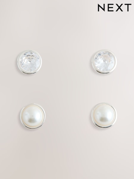 Sterling Silver Plated - Cubic Zirconia & Pearl Stud Earrings 2 Pack
