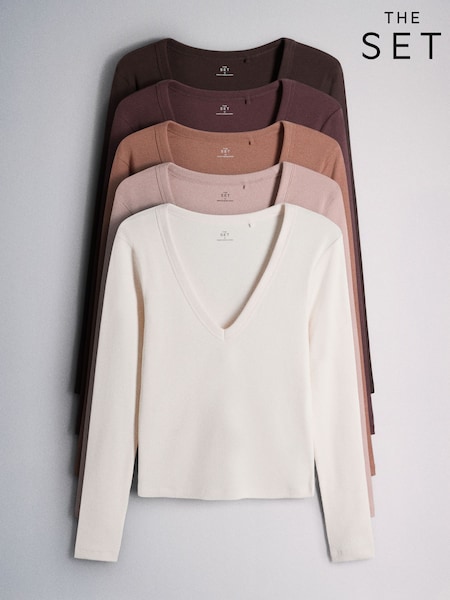 Brown/Pink/Purple/Clay/Taupe - The Set 5 Pack V-neck Ribbed Long Sleeve T-shirts