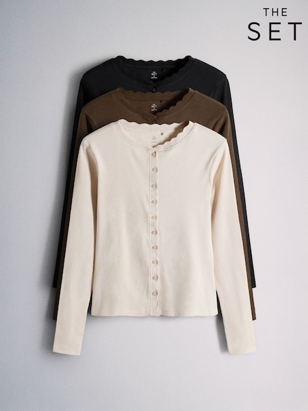 Black/Brown/Tan - The Set 3 Pack Scallop Button Through Long Sleeve Tops