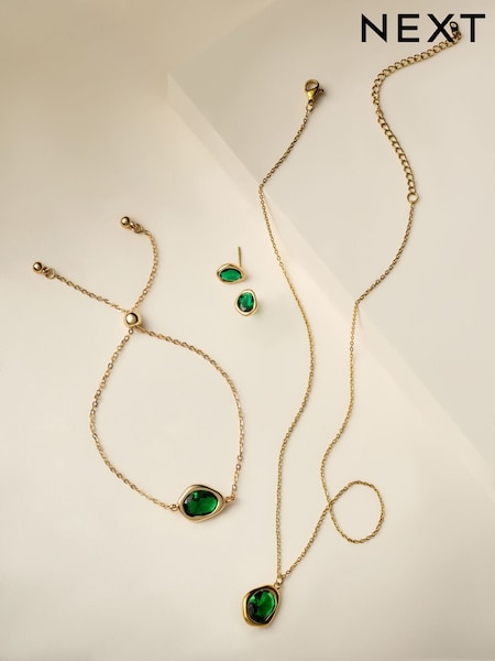 Gold Tone - Waterproof Stainless Steel Green Stone Necklace