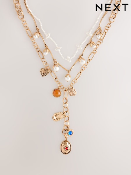 لون ذهبي - 3 Layer Pearl Charm Necklace