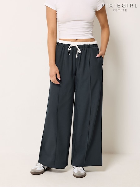 Көк - Pixiegirl Petite Contrast Waist Pintuck Wide Leg Trousers