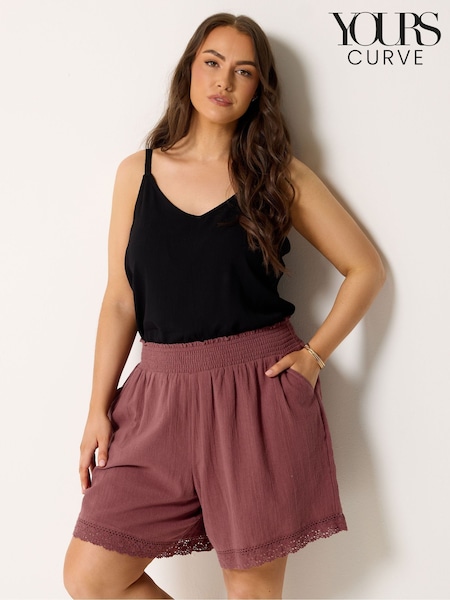 Pink - Yours Curve Crochet Trim Shirred Waist Shorts