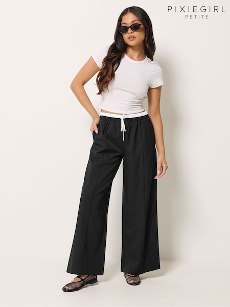 Black - Pixiegirl Petite Contrast Waist Pintuck Wide Leg Trousers