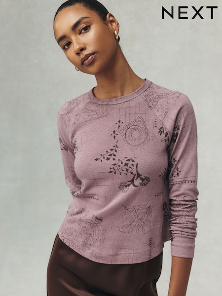 Pink National Trust X Next - Raglan Long Sleeve Washed Effect Raw Seam T-shirt