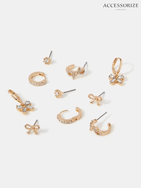 Gold - Accessorize Bow Stud & Hoop Earrings 5 Pack