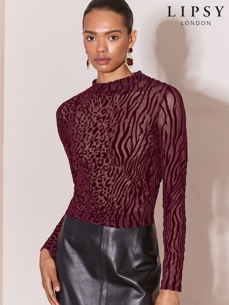 Dunkellila - Lipsy Animal Mesh High Neck Jersey Top