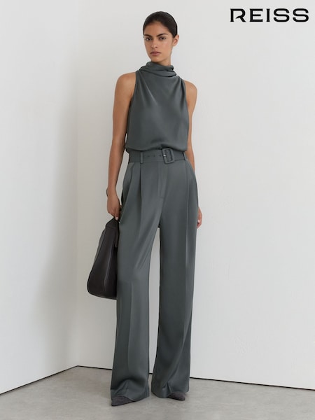 Dark Grey - Reiss Erica Satin Cowl-neck Wide-leg Jumpsuit