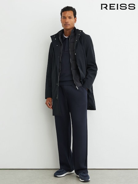 Navy - Regular Reiss Hilson Hybrid Gilet-insert Overcoat With Detachable Hood