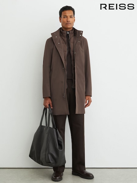 Marrón moca - Regular Reiss Hilson Hybrid Gilet-insert Overcoat With Detachable Hood
