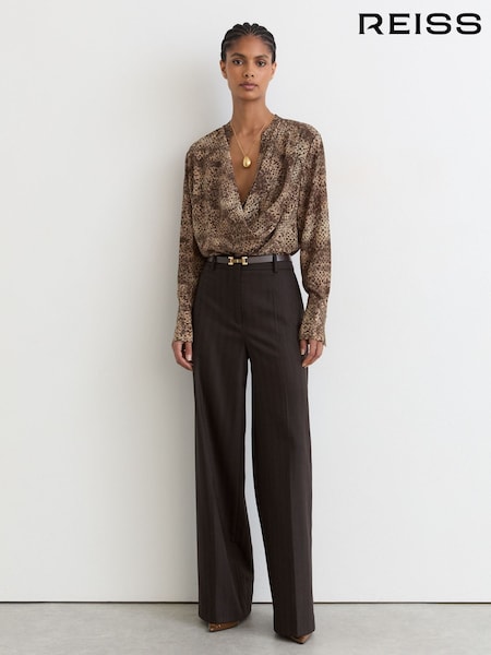 Brown Print - Reiss Laurie Matte Silk Printed Draped Shirt