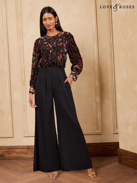Black - Love & Roses Tailored Floral Burnout 2in1 Long Sleeve Jumpsuit