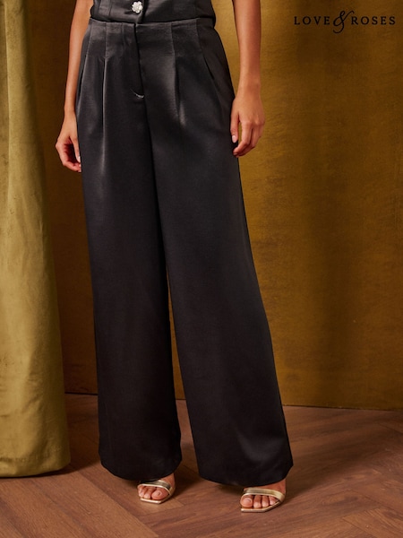 Noir - Love & Roses Tailored Satin Palazzo Trousers