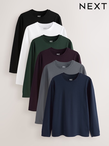 Fig/Green/Black/Navy/Slate/White - Regular Long Sleeve T-shirts 6 Pack