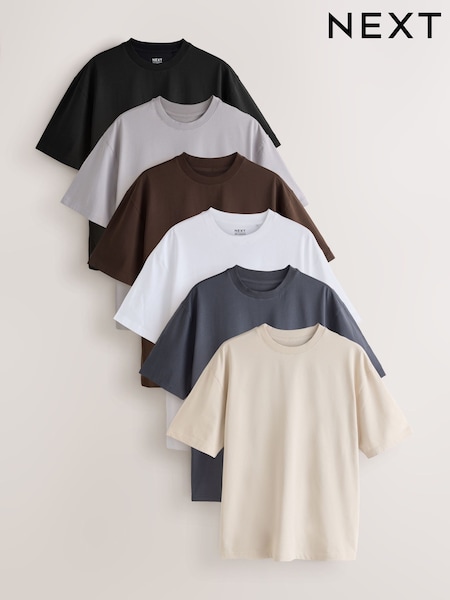 Black/White/SlateGrey/Stone/Brown - Relaxed Fit Essential Cotton T-shirts 6 Pack