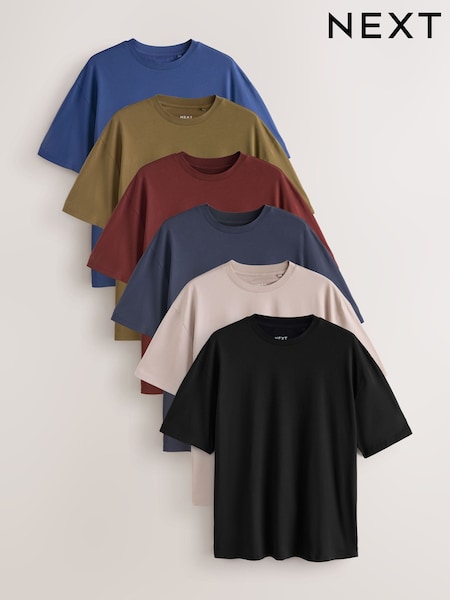 Black/Stone/Grey/Green/Red/Blue - Relaxed Fit Essential Cotton T-shirts 6 Pack