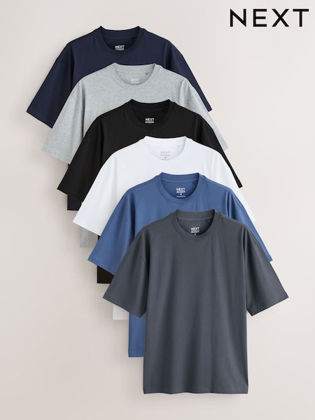 Black/Slate/Grey Marl/White/Navy/Blue - Relaxed Fit Essential Cotton T-shirts 6 Pack