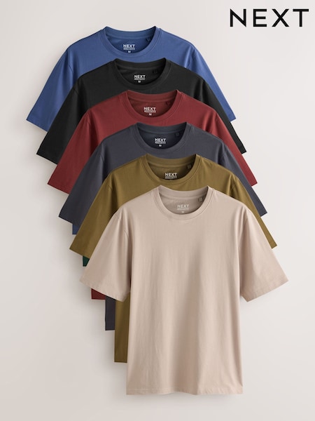 Black/Stone/Grey/Green/Red/Blue - Regular Fit Essential Cotton T-shirts 6 Pack