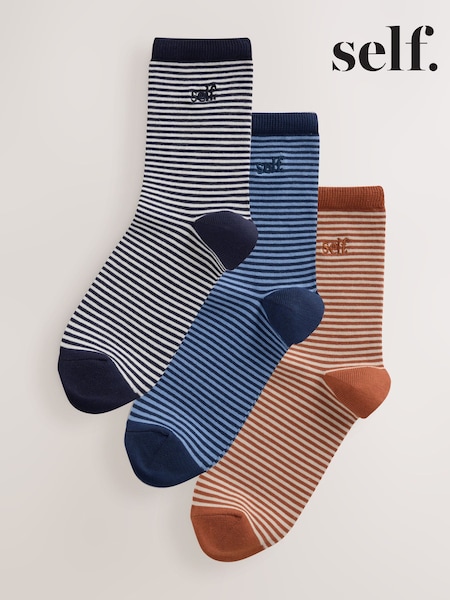 Rust Brown - Self. Stripe Ankle Socks 3 Pack