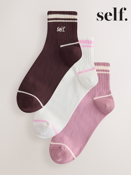 Berry Red - Self. Ribbed Contrast Stripe Socks 3 Pack