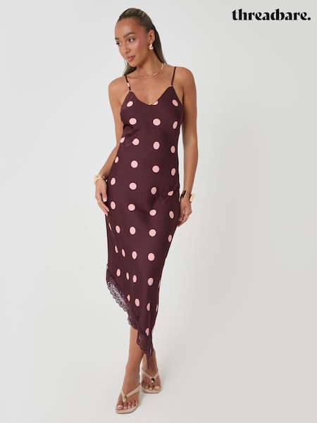 אדום - Threadbare Polka Dot Satin Lace Trim Maxi Dress