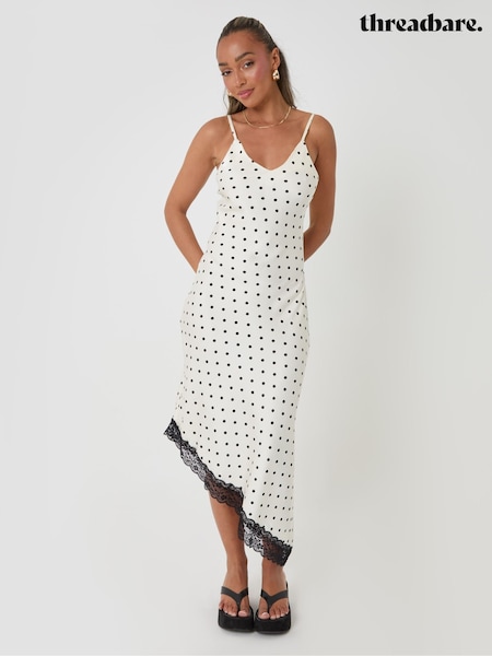 Valkoinen - Threadbare pilkullinen satiinipitsireunuksinen maksimekko