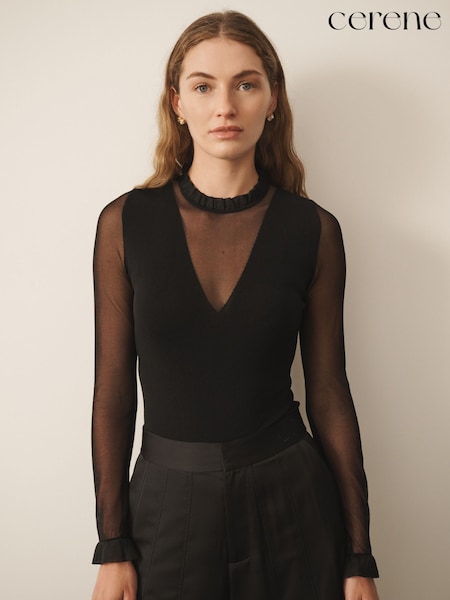 Black - Cerene Knitted Sheer Sleeve Bodysuit